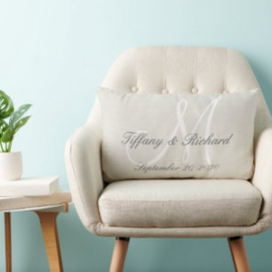 White Monogram Rustic Look Linen Wedding Lumbar Pillow