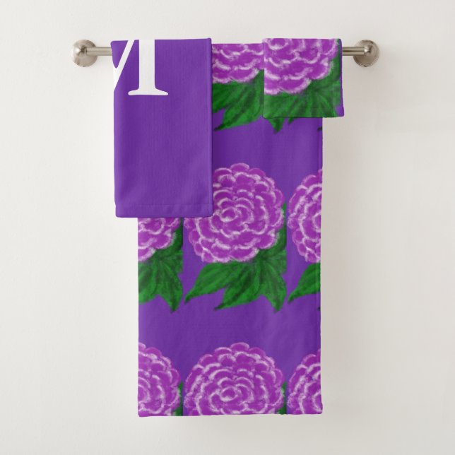 White Monogram Violet Floral Watercolor Bath Towel Set (Insitu)