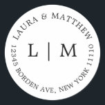 White Monogram Wedding Classic Round Sticker<br><div class="desc">Modern and minimalist wedding Sticker featuring your two initial monogram and address. A simple design that still comes across as chic and stylish. These envelopes are a great way to add an elegant touch to your wedding invitation suite.</div>