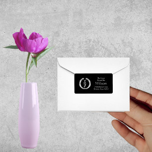 White Monogram Wreath on black Return Address Label