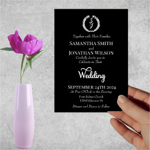 White Monogram Wreath on black Wedding  Invitation