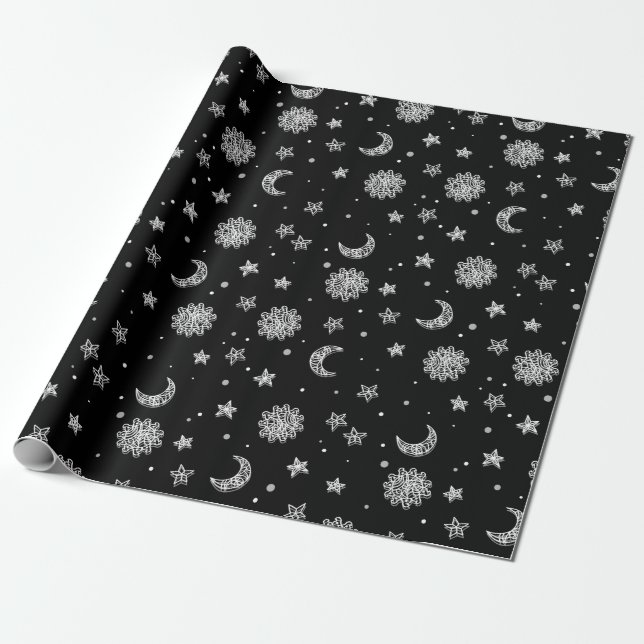 White Moon & Stars Wrapping Paper (Unrolled)