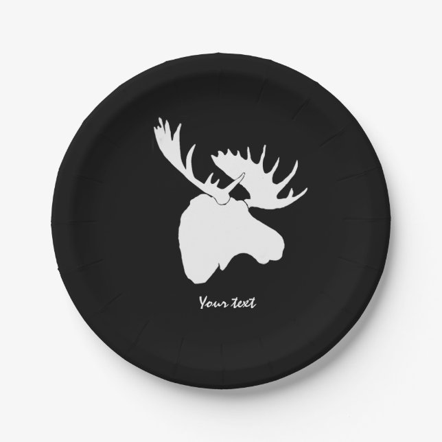 white moose against black background paper plate (Front)