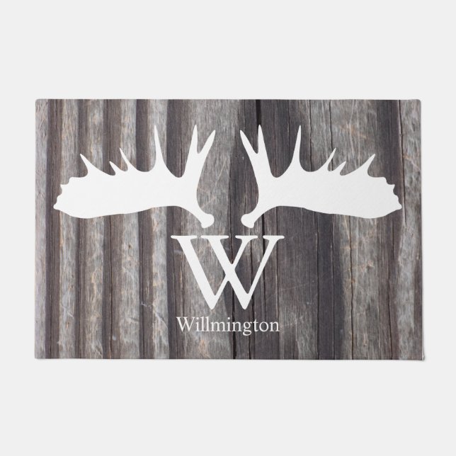 White Moose Antlers Weathered Wood - Personalized Doormat (Front)