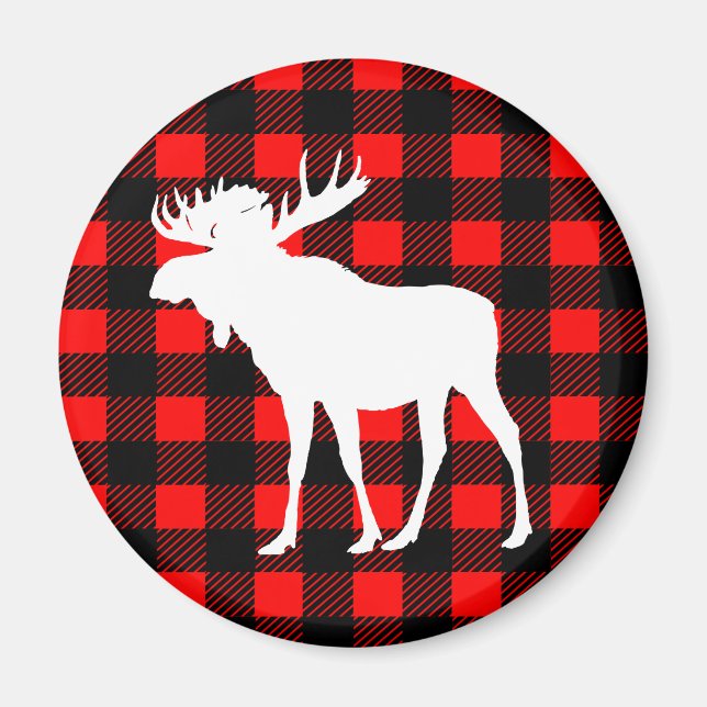 White Moose & Rustic Black Red Buffalo Check Plaid Magnet (Front)