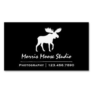 White Moose Silhouette on Black Magnetic Business Card