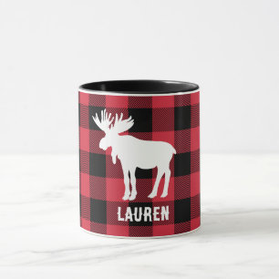 White Moose with Name Red Buffalo Check Mug