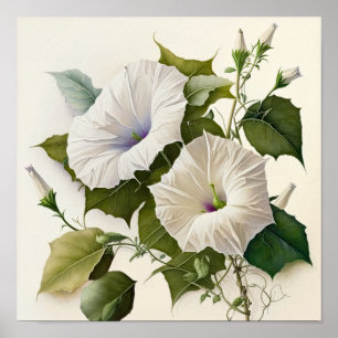 White Morning Glory Flowers Art Print Poster
