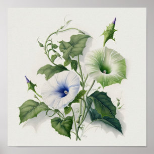 White Morning Glory Flowers Art Print Poster