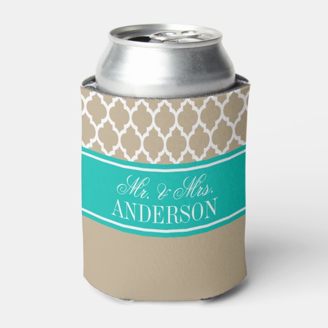 White Moroccan #4 CB Teal Wedding Can Cooler (Can Front)