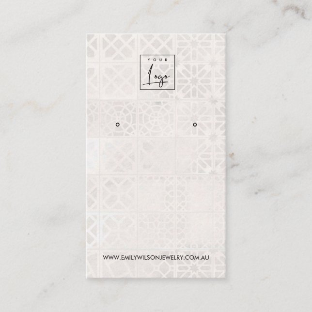 WHITE MOROCCAN TILE TEXTURE STUD EARRING DISPLAY BUSINESS CARD (Front)