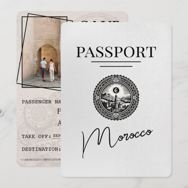 White Morocco Passport Save The Date (Front/Back)