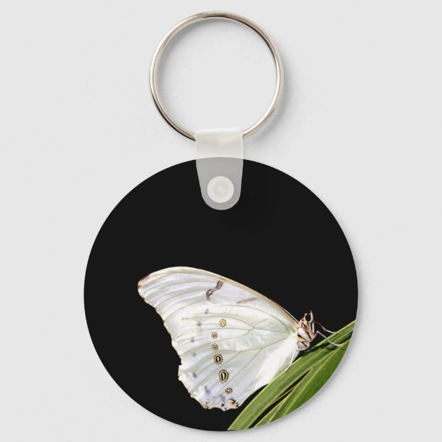 White Morpho butterfly on leaf Keychain (Front)