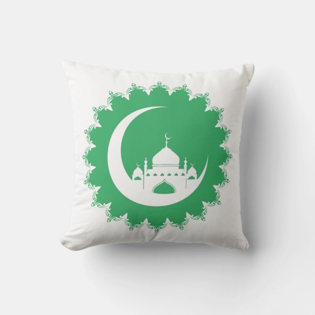 White Mosque, Crescent Moon Ramadan, green Throw Pillow (Front)