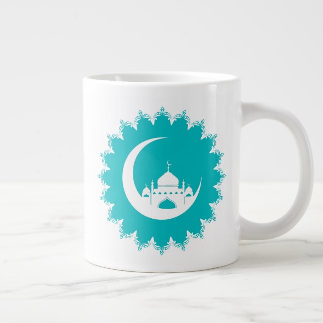 White Mosque in Crescent Moon Ramadan blue Large Coffee Mug (Right)
