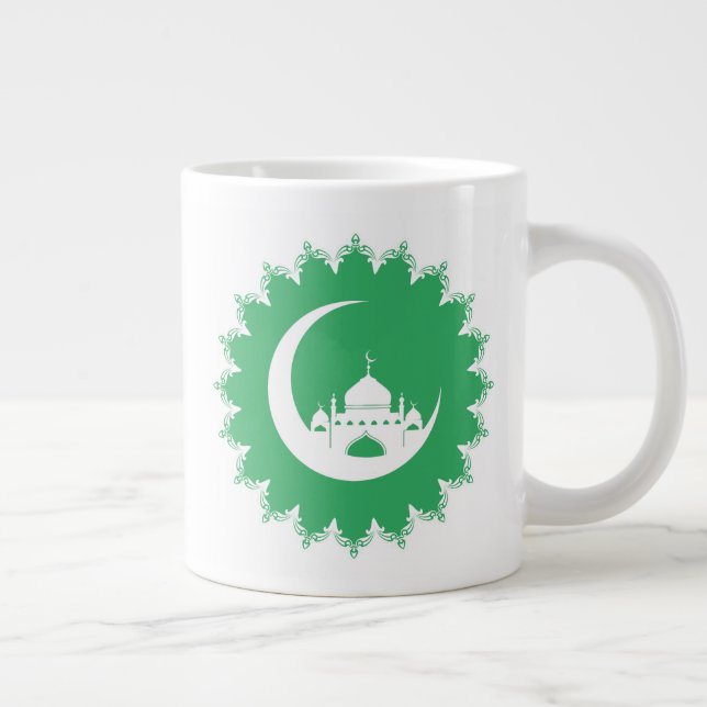 White Mosque in Crescent Moon Ramadan green Large Coffee Mug (Right)