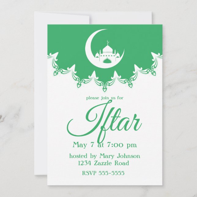 White Mosque in Crescent Moon Ramadan Iftar Invitation (Front)