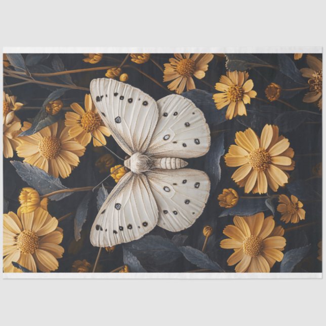 White Moth Resting Among Yellow Flowers Tissue Paper (Front)