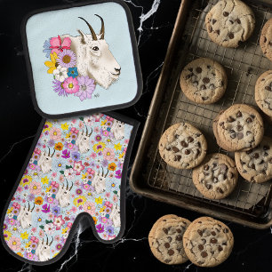White Mountain Goat Flowers Oven Mitt & Pot Holder Set