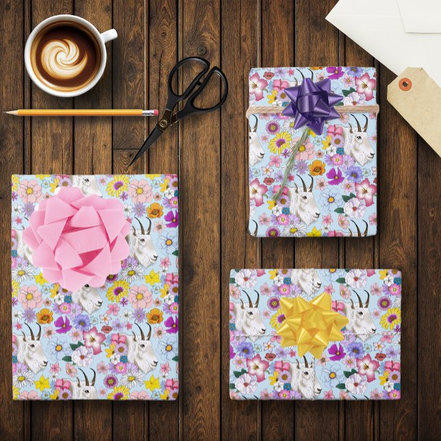 White Mountain Goat Flowers Wrapping Paper Sheet (Creator Uploaded)