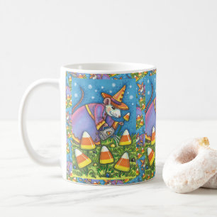 WHITE MOUSE IN CANDY CORN GARDEN, COLORFUL & CUTE COFFEE MUG