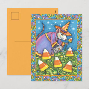 WHITE MOUSE IN CANDY CORN GARDEN, COLORFUL & CUTE HOLIDAY POSTCARD