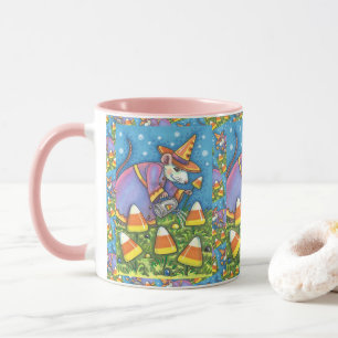 WHITE MOUSE IN CANDY CORN GARDEN, COLORFUL & CUTE MUG