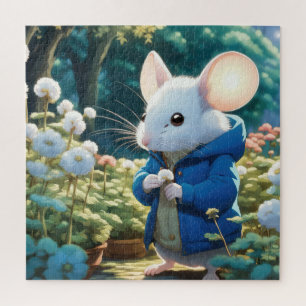 White Mouse In Flower Garden Jigsaw Puzzle