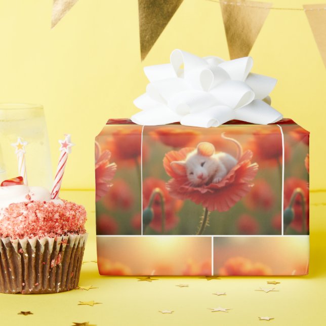 White Mouse Napping On a Red Poppy Wrapping Paper (Birthday Party)
