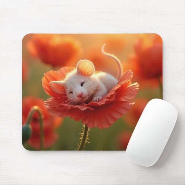 White Mouse Resting On a Red Poppy Pad (With Mouse)
