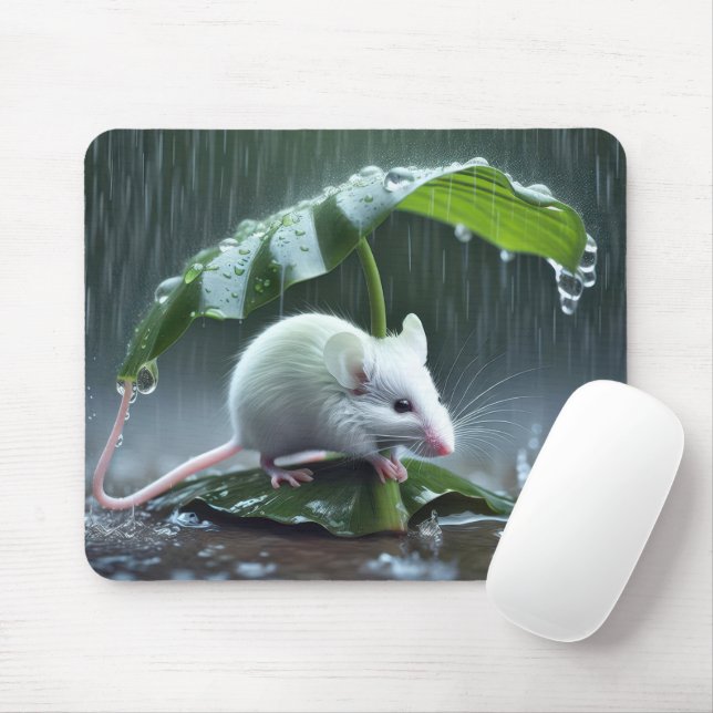 White Mouse Staying Dry Under Big Leaf Pad (With Mouse)