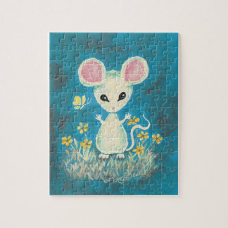 White Mouse with Yellow Flowers & Butterfly. Jigsaw Puzzle
