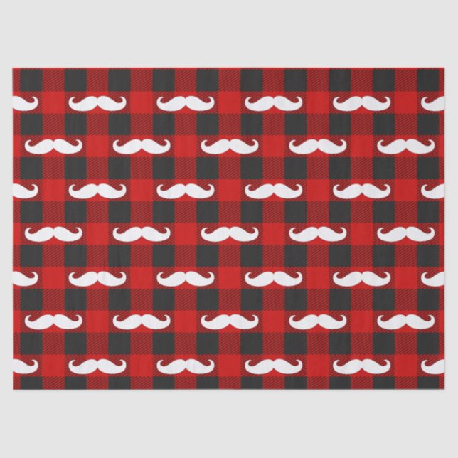 White Moustache Buffalo Plaid Black and Red  Tissue Paper (Front)