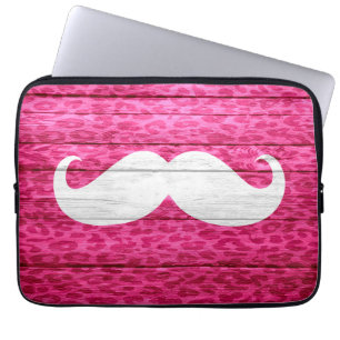 White Moustache on Hot Pink Leopard Wooden Laptop Sleeve