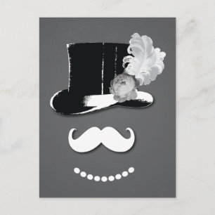 White moustache,top hat, feather and rose postcard