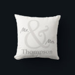 White Mr. and Mrs. Couple's Throw Pillow<br><div class="desc">For the Mr. and Mrs., this Couple's pillow features an oversized ampersand with the couple's last name that you can personalize with your name. Shown here in white with matching grey and white stripes on the reverse side. You can change the stripes colour on by choosing the "customize it" button...</div>