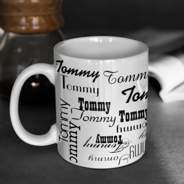 White Mug with Black Names Pattern (simple and modern customization)