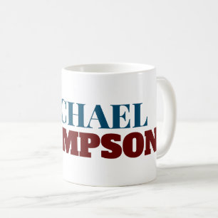 white-mug with red blue serif-font big-letter name coffee mug