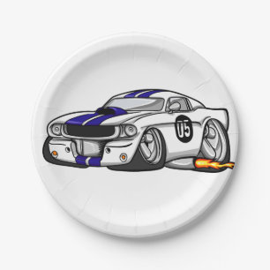 White muscle car cartoon - Choose background colou Paper Plate