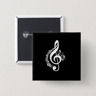 White Music G Clef on Black 2 Inch Square Button