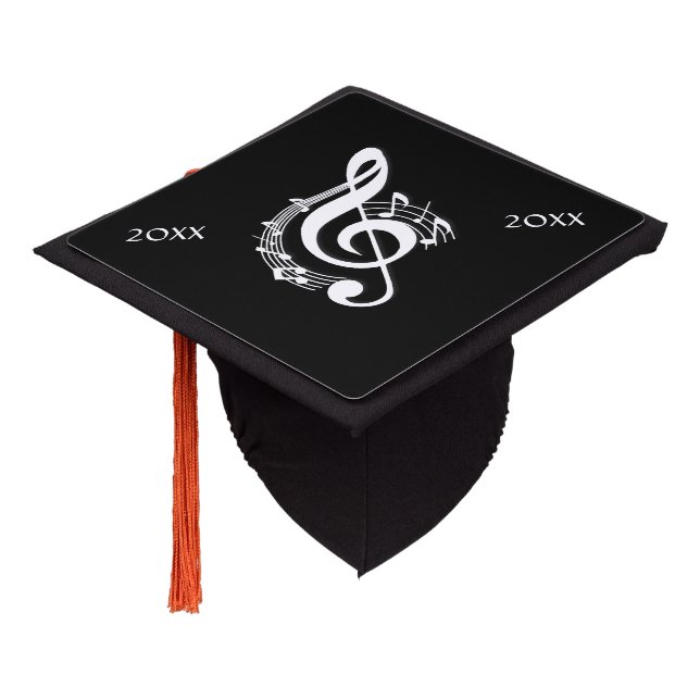 White Music G Clef on Black Graduation Cap Topper (Angled)