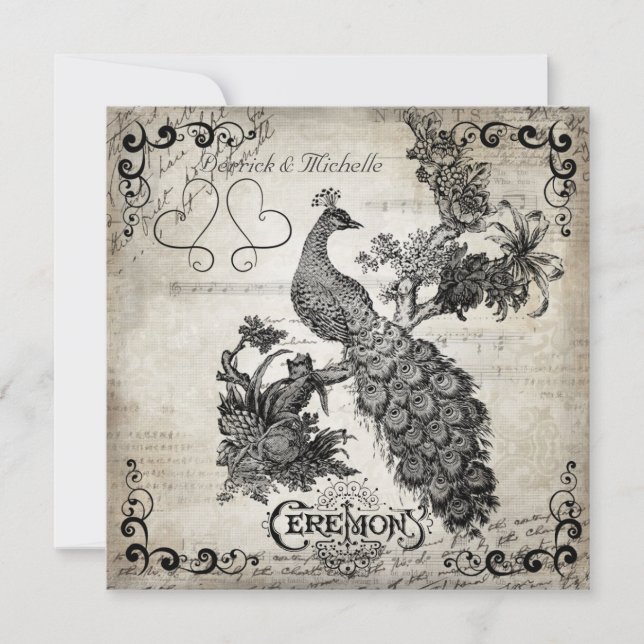 White Musical Notes Peacock Wedding Invitation (Front)