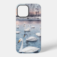 White mute swan on a lake. Watercolor paintingswan