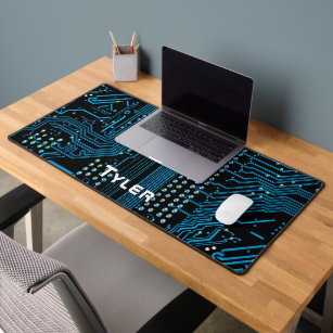 White Name, Black & Blue Circuit Board Desk Mat