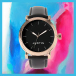 White Name Classy Rose Gold Men's Black Band Wrist Watch<br><div class="desc">This elegant rose gold stylish glam men's wrist watch is decorated with a black background, black band, and personalized with your name. You can easily change the name and delete the white tick marks if desired. What a wonderful gift for a best man, groomsman, usher, graduation, father's day, birthday, or...</div>
