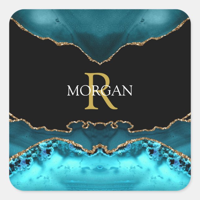 White Name & Gold Monogram, Teal Gold Black Agate Square Sticker (Front)