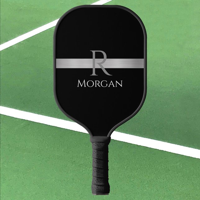 White Name & Grey Monogram, Silver Bar on Black Pickleball Paddle (Creator Uploaded)