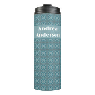 White name on Geometric retro Teal green pattern Thermal Tumbler
