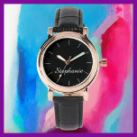 White Name Stylish Glam Rose Gold Black Band Wrist Watch<br><div class="desc">This elegant stylish glam rose gold wrist watch is decorated with a black background, black band, and personalized with your name. You can easily change the name and delete the white tick marks if desired. What a wonderful modern gift for her - a bridesmaid, maid of honour, graduation, mother's day,...</div>