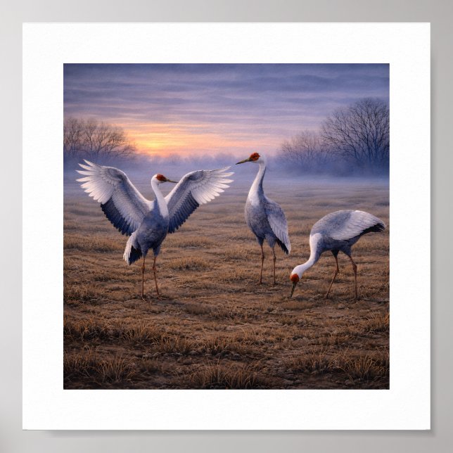 White-naped Cranes in a Winter Plain –   Poster (Front)